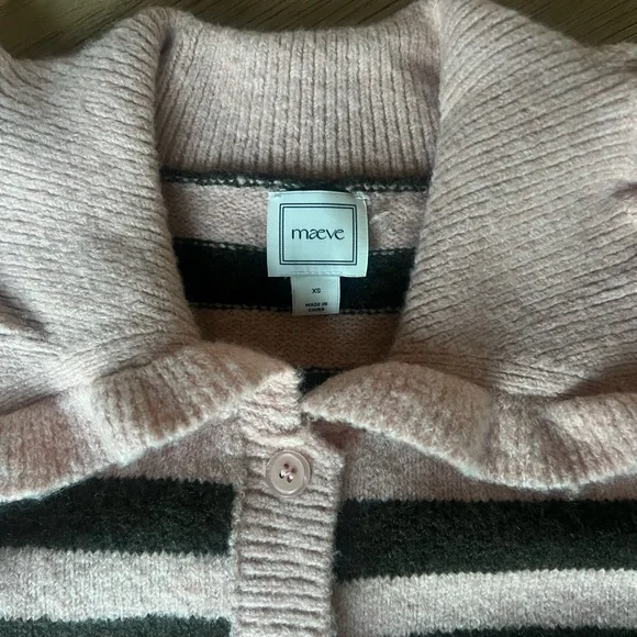 Maeve Pink and Brown Striped Ruffle-Collar Cardigan Sweater - Picture 2 of 4